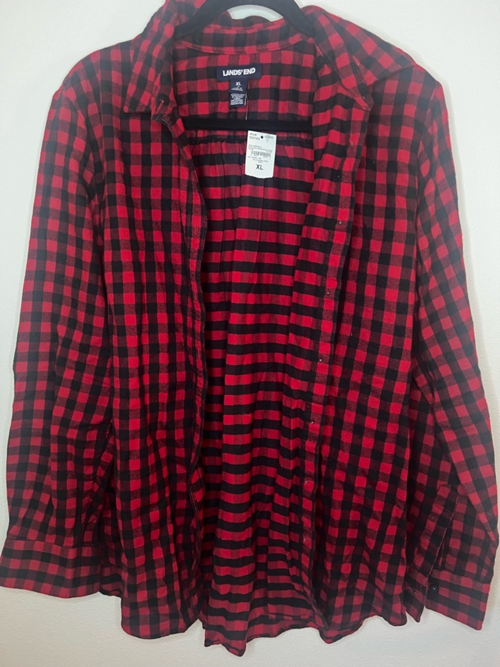 Lands’ End Buffalo Plaid Flannel Shirt Red Black Button Up Long Sleeve XL NWT
